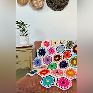 Handmade Floral Hexagon Crochet Throw